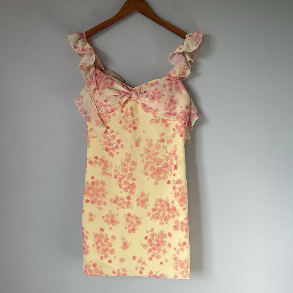 Floral Print Mini Dress Yellow Pink Sleeveless Ruffle Straps Women's Size 12